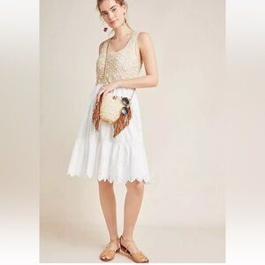 Anthropologie Crochet Eyelet Dress Beige Tiered Tassel Tie New Tag $198